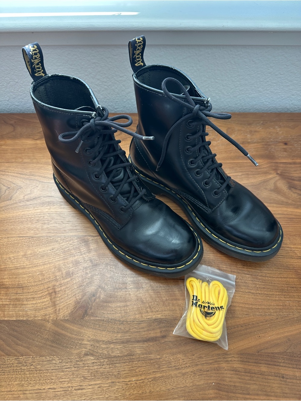 Dr. Martens 1460 Black 8-Eye Leather Lace-Up Boots with Yellow Welt Stitching